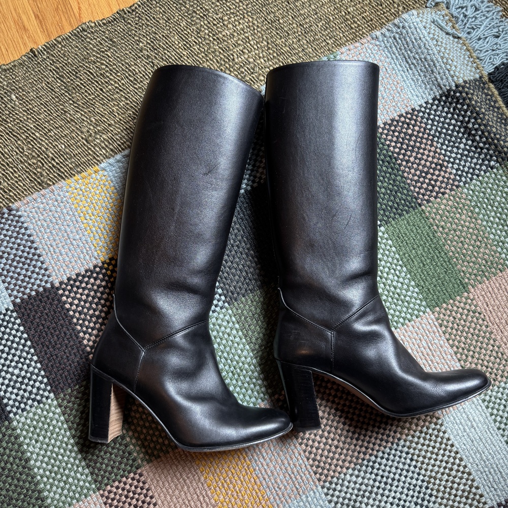 HERMÈS Black Leather Knee High Block Heel Boots Sz 38